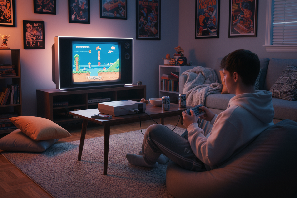 gamming room with retro mini gaming console. playing game in gaming console